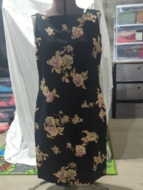 Black Floral Sheath Dress with Gold and Mauve Accents